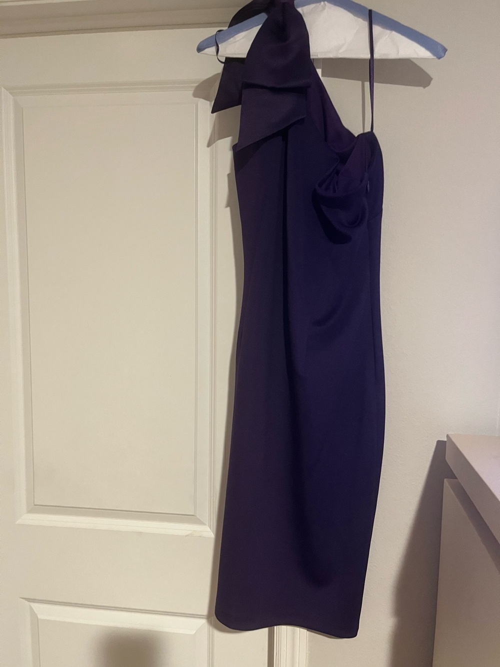 One-Shoulder Purple Evening Gown with Draped Bow Detail
